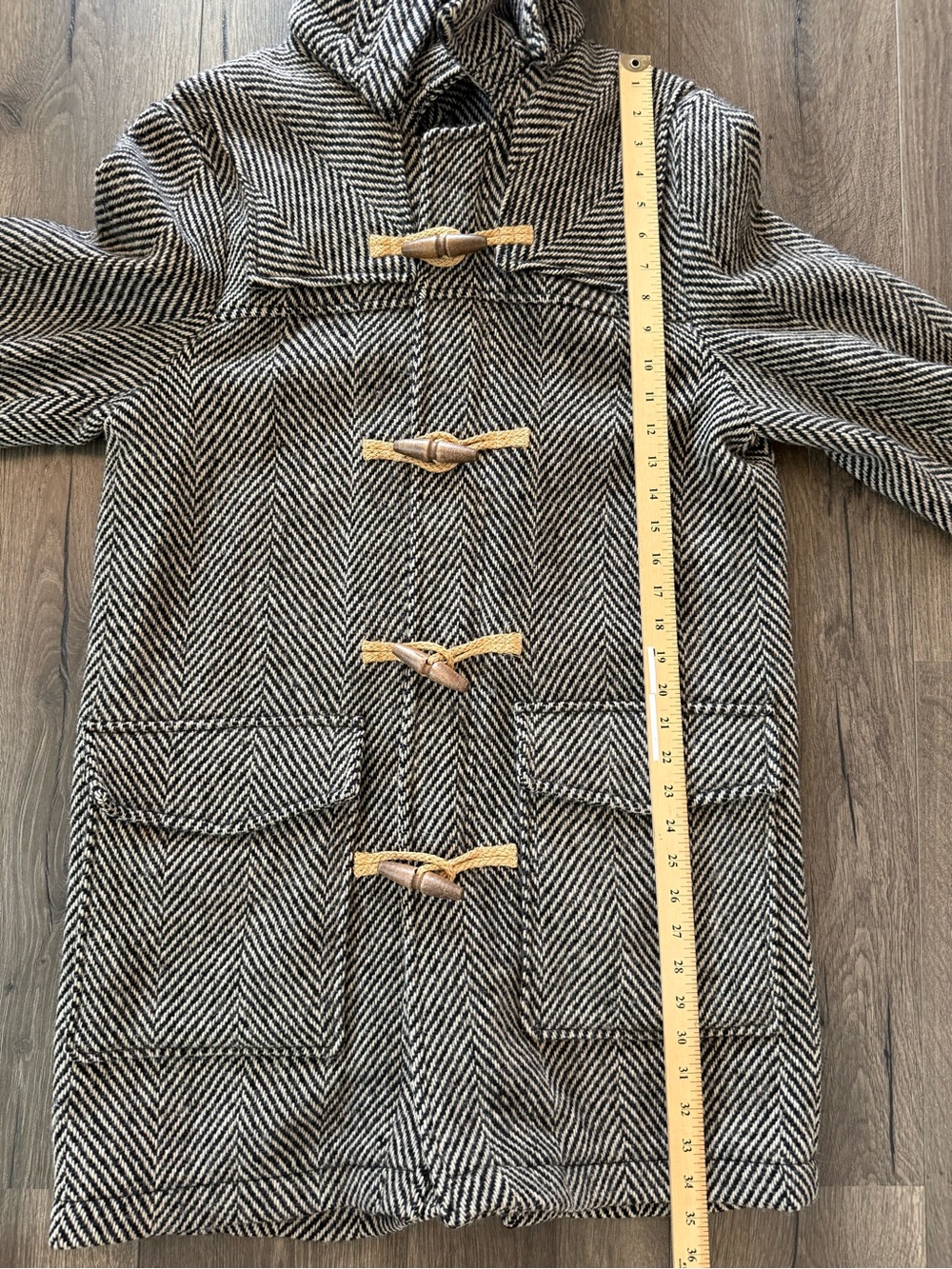 Tommy Hilfiger Herringbone Wool Duffle Coat Toggle Hooded Winter Jacket Size Med - Picture 11 of 11